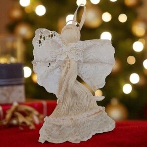 Vintage Lace And Yarn Cream Christmas Angel Ornament